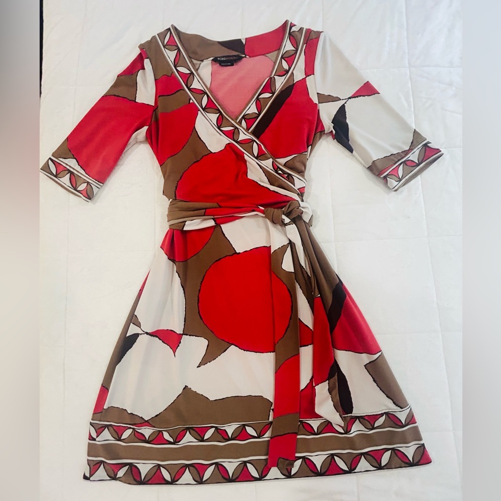 BCBGMaxAzria Red, Brown & White Asymmetrical Wrap Dress